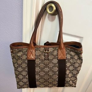 Authentic Celine Vintage Tote Macadam Triomphe Tote Canvas Leather Accent